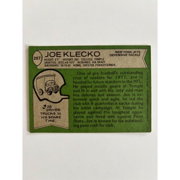 1978 Topps Joe Klecko Rookie New York Jets #287 Hall of Fame - Picture 2 of 2